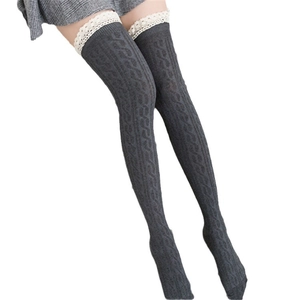 Dark grey cable knit thigh high socks with white lace trim in Japanese school style