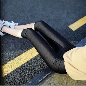 Women Shiny Glossy Leggings High Waist Stretchy Slimming Pants Solid Color Elastic Tummy Control Yoga Tights Casual Wear Clothing