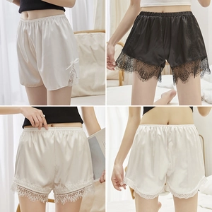 Short de nuit en satin pour femme avec dentelle de cils et taille élastique