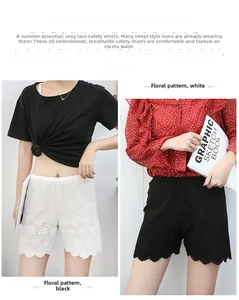Detailed lace safety shorts featuring elastic waist and 3D floral embroidery trim edge