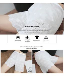 Detail of white cotton lace safety shorts showing hollow embroidery and high-density fabric