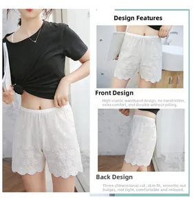 Detailed views of white lace safety shorts featuring floral embroidery and high elastic waist
