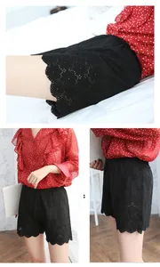 Detail of floral lace embroidery and scalloped edge on black high-waist safety shorts