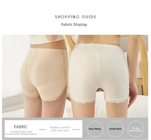 Macro detail of ribbed cotton safety shorts with delicate floral lace hem in beige and white