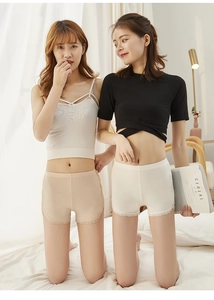 Detail of high waist safety shorts with vertical ribbed texture and lace trim