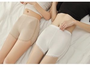 Detailed view of women's safety shorts with ribbed cotton texture and delicate side lace trim
