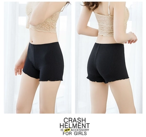Detail of high waist black ribbed safety shorts with wave edges and vertical texture