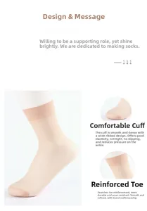 Detail of wide ribbed cuffs and reinforced toe on sheer skin-tone calf socks