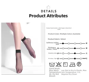 Macro detail of black sheer velvet ankle socks with technical specifications chart