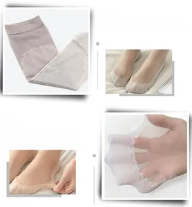 Close-up of breathable mesh fabric and wavy lace trim on ultra-thin women's invisible socks