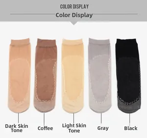 Detail display of ultra-thin sheer ankle socks in 5 colors with lace cotton soles