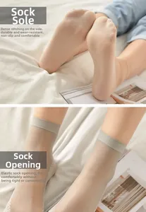 Detail of cotton sole and elastic cuff on breathable thin sheer socks for women