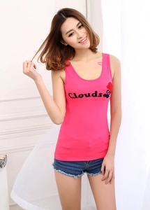 Close-up of rose pink ribbed tank top featuring black Clouds letter print and heart graphic