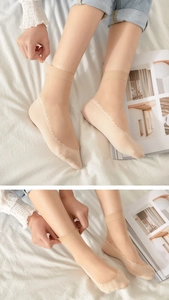 Detail of skin-colored sheer ankle socks with floral lace pattern and cotton sole