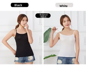 Detail view of black and white modal camisoles with slim straps and a round neckline