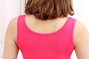 Detailed view of women's rose red racerback tank top with deep U-neckline and premium stitching