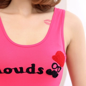 Slim fit rose pink ribbed cotton tank top with embroidered clouds text and flocking detail