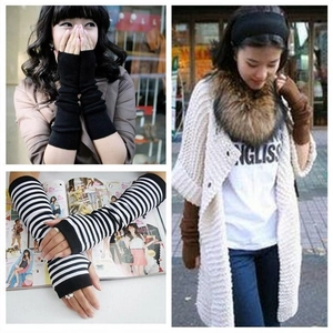Damen Gestrickte Fingerlose Armstulpen Baumwolle Gestreift Langarm Handschuhe Daumenloch Winter Warm Handschutz Einfarbig Accessoire