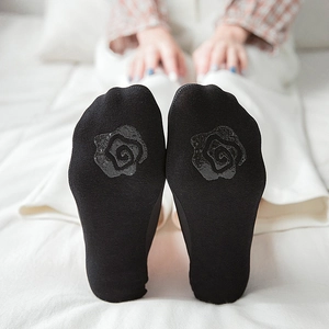 Women's black invisible ice silk socks with floral silicone non-slip grip on sole