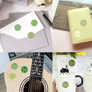 Morandi green Thank You stickers applied on envelopes, journals, and mugs for decoration