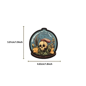 Detail showing cartoon mystery bottle sticker size 5.01cm x 4.63cm with skull and insect