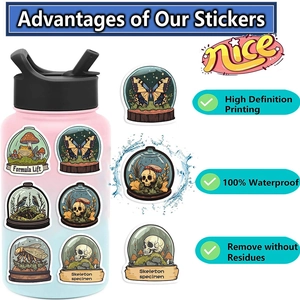 Detail showing waterproof cartoon specimen stickers applied on a gradient water bottle
