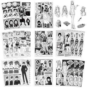 Close-up of black and white anime girl character stickers for DIY crafts and decoration