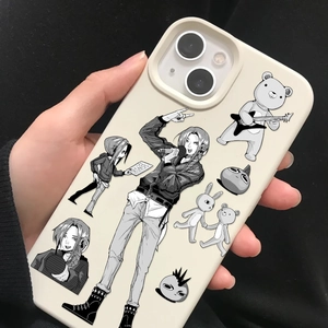 Close-up of cream iPhone case featuring black and white anime style collage art