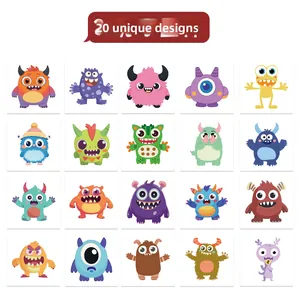 Macro view showing 20 unique pieces of colorful cartoon monster temporary tattoos