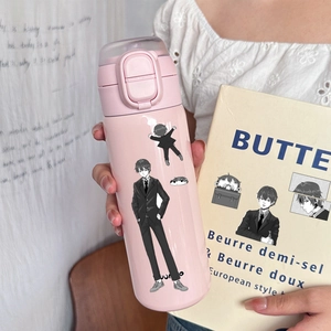 Pink stainless steel anime thermos with press-button lid and cute character illustration