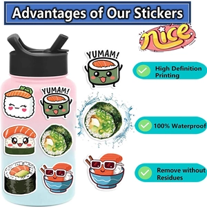 Waterproof cute sushi cartoon stickers for water bottles and laptops featuring high-definition print