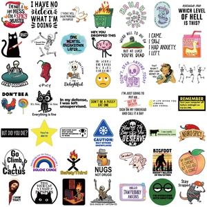 Set of 50 snarky meme stickers for laptop and guitar with funny cartoon illustrations
