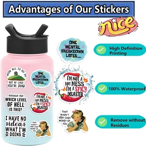 Detail of waterproof cartoon stickers with humor designs on a gradient water bottle