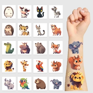 Set of 20 waterproof cartoon animal temporary tattoos for kids featuring lions and elephants