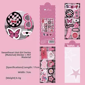 Detail of pink Y2K stickers featuring cherry, heart and butterfly patterns on PET material