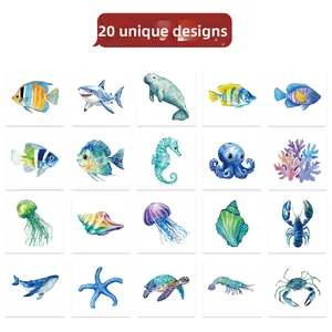 Detailed grid of 20 unique watercolor sea creature temporary tattoos for kids party