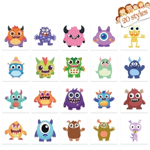 Detailed grid showing 20 colorful cartoon monster temporary tattoo designs for kids parties