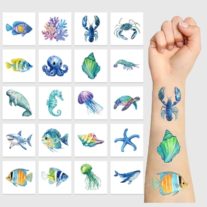 Waterproof temporary tattoos featuring 20 watercolor ocean creatures like sharks and seahorses