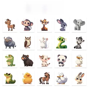 Detailed grid of 20 unique waterproof cartoon animal temporary tattoos for kids party gifts