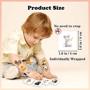 Detail showing 1.6 inch waterproof animal tattoo stickers with individual packaging