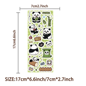 Detailed view of cute panda stickers for DIY journals with 17cm x 7cm size dimensions