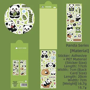 Detail showing 2 sheets of cute panda stickers with 17x7cm dimensions and PET material