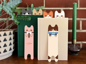 Detail van schattige kattenbladwijzers in boeken tegen een warme huiselijke wand