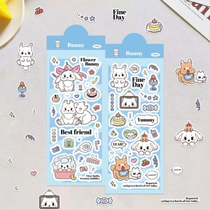 Set of two cute cartoon bunny stickers with floral and dessert themes for DIY scrapbooking