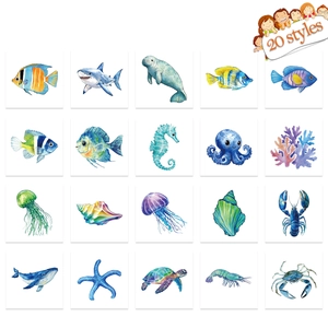 Detail view of 20 ocean creature temporary tattoo styles with watercolor marine animal designs