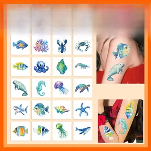 Detailed view of ocean life temporary tattoos with colorful watercolor sea creature patterns