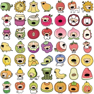 Set of 50 waterproof cartoon dog and fruit transparent PET stickers for journals and laptops