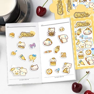 Cute cheese-themed cartoon cat and dog stickers for DIY scrapbook decoration with diary pages