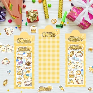 Cute cartoon cheese cat and dog stickers for DIY journals with bright yellow party theme