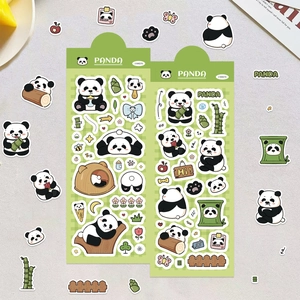 Cute panda cartoon sticker set for DIY scrapbooking with bamboo and floral motifs